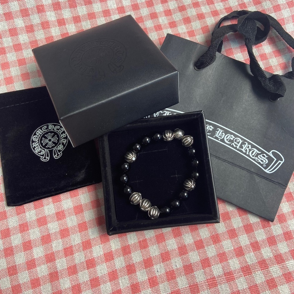 Chrome Hearts Sterling Silver Obsidian Beaded Bracelet